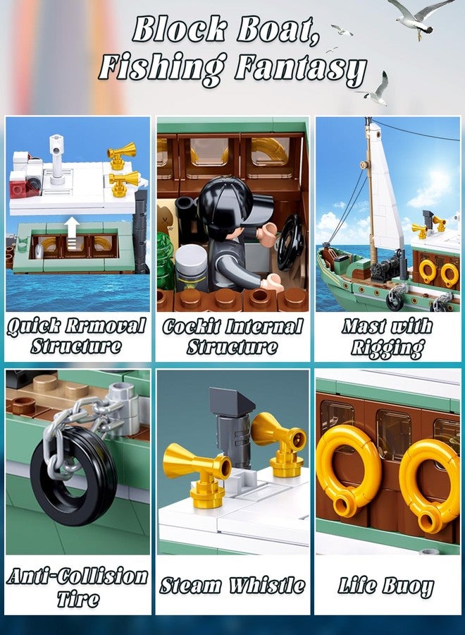 سلوبان مجموعة بناء قارب صيد المدينة مع 3 مجسمات صيادين صغيرة، ومجموعات بناء سفن مع صنارات صيد ودلاء، وألعاب هدايا عيد الميلاد للأطفال من سن 6 إلى 12 عامًا، متوافقة مع قارب ليغو، 610 قطعة - Image 3